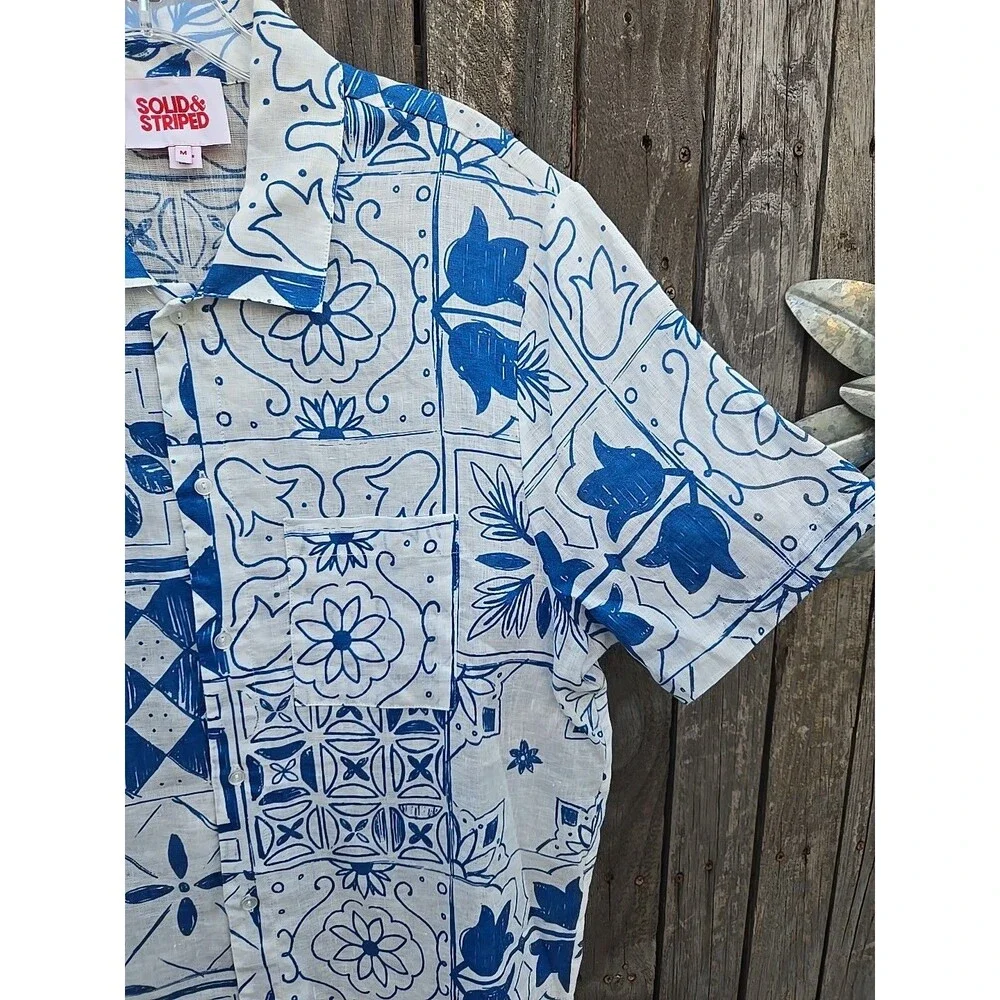 Solid & Striped Linen Shirt Mens Medium Blue White Tile Print Short Sleeve...